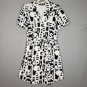 Karl‎ Lagerfeld 10 Logo Letter Print Mini Dress Black White Belted Button Down
